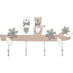 Porte Manteau Mural en Bois, Patere Murale avec 4 Crochets, Mignon Chat Th&egrave;me Maison Chambre Entr&eacute;e D&eacute;coration, Cadeaux pour Amoureux des Chats, Naturelle 40 x 21cm - Neuf