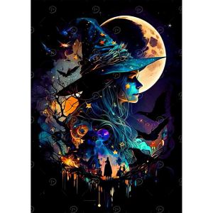 Ayuhr-5d Diamond Painting Witch, Kit De Peinture Diamant Complet Lune, Diy Witch Diamant Peinture Kit, Diamant Arts Craft Canevas Artisanat Maison Décoration Murale Decor 30x40cm - Neuf