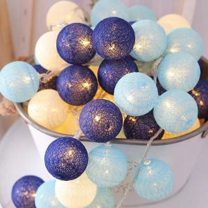 Guirlande de coton colorée à batterie, boules LED de 4cm, guirlande de noël, lumières de vacances pour la décoration de la maison, décor de chambre féerique de mariage-Batterie 3M 20LED Bleu - Neuf