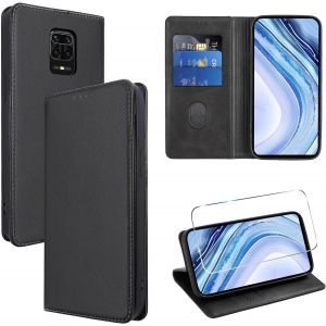 Kalanka-Coque Cuir Pour Xiaomi Redmi Note 9 Pro/9 Pro Max/9s 4g 6.67"" Avec 1 Verre Tremp&eacute; Etui &Agrave; Rabat En Pu Porte-Cartes Portefeuille Support Flip Housse Magn&eacute;tique Antichoc Anti-Rayures Case,Noir - Neuf