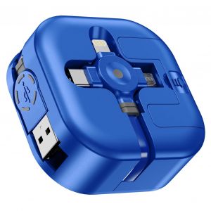 JGD-C&acirc;ble multi-USB r&eacute;tractable [4,5 A 1,2 m] C&acirc;ble de charge rapide 4 en 1 universel avec iP/Type C/Micro USB pour iPhone 16/15/14/13/Samsung Galaxy/Pixel/Sony/LG/HTC/tablettes (bleu) - Neuf