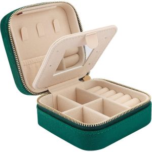 Trahoo-Mini Coffret &Agrave; Bijoux De Voyage En Velours Avec Miroir, Bo&icirc;te &Agrave; Bijoux De Voyage Pour Filles Et Femmes, Petit Organisateur De Bijoux Pour Bagues, Boucles D'oreilles, Colliers, Vert Fonc&eacute; - Neuf