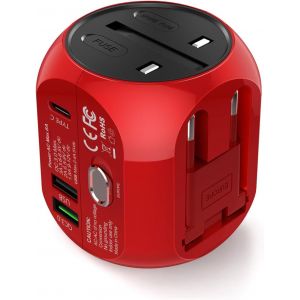 JGD-Adaptateur de Voyage Universel avec QC3.0 Charge Rapide 2 Ports USB 3.0 et 1 Interface de Type C (US/EU/UK/AU) dans Un Chargeur Multifonction pour Plus de 180 Pays, 2 fusibles (Red) - Neuf