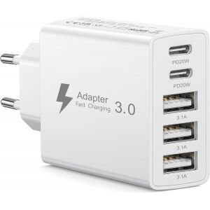KALANKA-Chargeur USB C 50W, 5 Ports Multi Prise Secteur USB C Chargeur Type C Charge Rapide Multiprise USB Adaptateur Secteur Charger pour iPhone 17 16 15 14 Pro Max Plus Mini XS XR 8 7 SE/iPad/Samsu - Neuf