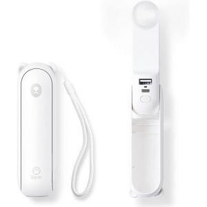 Mini ventilateur portable blanc, ventilateur de poche rechargeable 3 en 1, à piles (autonomie de 14 à 21 heures), avec batterie externe et fonction lampe de poche. - Neuf