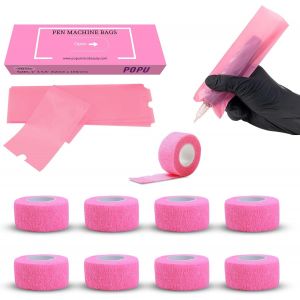 Ez Housses Pour Machines &Agrave; Tatouer Avec Bandes Adh&eacute;sives - 9pi&egrave;ces (2.5cm X 4.5m) Tattoo Grip Tapes Avec 200pi&egrave;ces (5cm X 16cm) Rose Couvertures Jetables Pour Machines &Agrave; Tatouer - Neuf