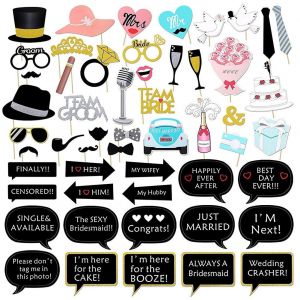 HJLIAN Lot de 53 masques amusants pour mariage, lunettes, noud floral, moustache, accessoires pour fete prenuptiale, mariee et marie - Neuf