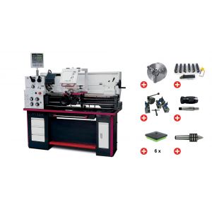 Tour &agrave; m&eacute;taux hauteur des pointes 165 mm entre-pointes 830 mm al&eacute;sage 38 mm 1,5 kW 400V avec accessoires essentiels Optiturn TH3309D PACK - Neuf