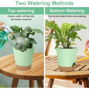 KALANKA-Lot de Pot de Fleur en Plastique, 6pcs Pots de Fleurs Auto-Arrosant, Pots de Plantes avec Trous De Drainage et Soucoupes Amovible pour d'Intérieur et d'Extérieur Jardins de Balcon -Vert 20cm - Neuf