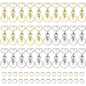 KAL-Porte Clef, 30Pcs Porte Clé En Forme De Coeur, Mousqueton Porte Clé Avec 30Pcs Anneaux Ouverts, Anneau Porte Clé Pour Artisanat Projets De Bricolage(Or Et Argent) - Neuf