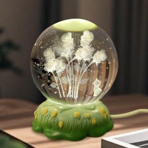 Veilleuse 3d En Forme De Boule De Cristal - 80 Mm - Avec Socle En R&eacute;sine - Lampe Led Avec C&acirc;ble Usb - Th&egrave;me Floral - Lampe De Bureau Cr&eacute;ative - Pour Petite Amie, Maman, Amis (Lampe Rose) - Neuf