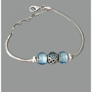 Bracelet - Charms - Bleu - Argent 925 - 3 Perles - 2 Stoppeurs - Longueur 18-21cm - Neuf