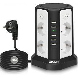 Tour Multiprise Electrique 8 Prises Pare Foudre avec USB (5 V/5 A) 2500 W Rallonge Multiprise avec 4 interrupteurs, C&acirc;ble de 3 m Noir - Neuf