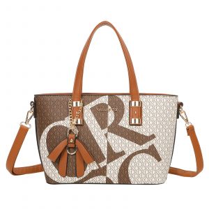 Sac Cabas pour Femme Imprimé Lettres Oversize avec N?ud Breloque et Bandoulière Gallantry Marron - Neuf