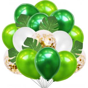 Green White Gold Balloons 50 Pieces, Jungle Dark Green Light Green With 10 Palm Leaves For Birthday Wedding Safari Tropical Summer Party - Neuf