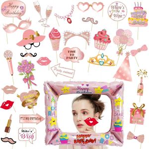 Checarzhn--No1-Photobooth Anniversaire, Kit Photobooth Rose Or Avec Cadre Photo Gonflable, Photobooth Props Accessoires De Selfie Décoration, Pour Fête D'anniversaire - Neuf