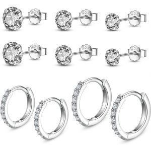 5 Pairs Of 925 Sterling Silver Earrings Set For Women 8.5mm/10.5mm, 925 Cubic Zirconia Hypoallergenic Stud Earrings (3mm/4mm/5mm), Sterling Silver, Cubic Zirconia - Neuf