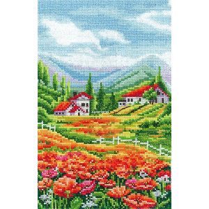Kit Point De Croix Compt&eacute; Andriana "Paysage Avec Coquelicots" 15x20.5 Cm - Neuf