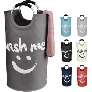 MDY-91L Autoportant Panier à Linge avec Poignée en Aluminium, Corbeilles à Linge Portable, Sac à Linge Pliable en Tissu Oxford - Panier Rangement de Buanderie pour Chambre à Coucher (Gris Foncé) - Neuf