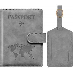 TRAHOO-Protege Passeport Francais et Etiquette Valise, Prot&egrave;ge Passeport avec Bloqueur RFID, Prot&egrave;ge-passeports pour Hommes et Femmes, Passport Cover pour Travel Essentials, Passport Holder (Gris) - Neuf