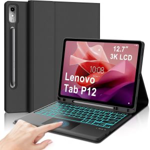 Coque Clavier Pour Lenovo Tab P12 12.7 Pouces Avec Pavé Tactile, Azerty Français Clavier Bluetooth Magnétique Détachable Avec 7 Couleurs Rétroéclairées Pour Tablette Lenovo Tab P12 12.7"" 2023, Noir - Neuf