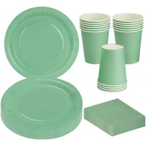 Trahoo-Vaisselle De F&ecirc;te Vert Sauge 56 Pi&egrave;ces, Assiettes Gobelets Et Serviettes En Papier Pour 16 Invit&eacute;s, Ensemble De Vaisselle Pour Anniversaire Mariage Baby Shower Barbecue Pique Niques - Neuf