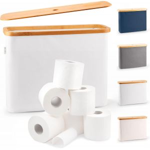 LONBET Rangement Papier Toilette 12 Rouleaux - Range Papier Toilette Pliable et Empilable avec Couvercle en Bambou - Organisateur de Salle de Bain &Eacute;tanche et &Eacute;l&eacute;gant - Panier WC Gris Clair - Neuf