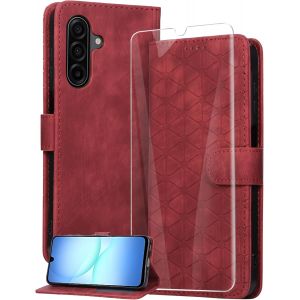 acdsgd-Coque pour Samsung Galaxy A17 5G / 4G avec Verre Tremp&eacute;,Housse en Cuir PU Porte Carte Portefeuille, Etui de Protection &agrave; Rabat Magn&eacute;tique,Pochette Fermeture Anti-Choc - Rouge - Neuf
