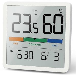 Hygromètre thermomètre numérique d'intérieur : écran LCD de 3,3 pouces/heure et date/3 niveau d'humidité - Neuf