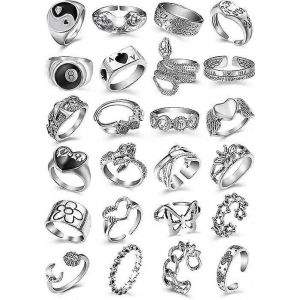 Vintage Argent Ouvert Punk Anneaux Pour Hommes Femmes, 24pcs Anneaux R&eacute;glables, Cool Gothic Bague, D&eacute;claration Anneau D'empilage, T&ecirc;te De Mort Serpent &Eacute;toile Fleur Coeur Y2k Bague - Neuf