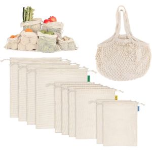 Ulteronixshop-Lot de 11 sacs &agrave; fruits et l&eacute;gumes, sacs de courses r&eacute;utilisables en coton, filets &agrave; fruits et l&eacute;gumes sans plastique lavables (2*S, 4*M, 4*L + 1 sac de rangement) - Neuf