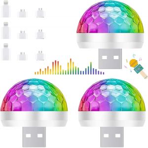 Lot De 3 Mini Boules Disco Usb - Flash Rvb - Avec 3 Adaptateurs - Mini Boule Disco - Commande Par La Musique - Mini Boule Disco - Décoration D'ambiance Pour Fête D'anniversaire - Neuf