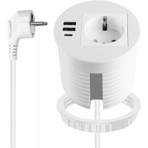 Multiprise encastrable avec USB, pour trou de table de 80 mm, prise de bureau avec 1 prise, 2 ports USB-A, 1 port USB-C et c&acirc;ble d'alimentation de 1,7 m, prise encastrable escamotable - Neuf