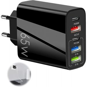 Chargeur USB C 65W 5 Ports Prise Chargeur USB Multiple Chargeur Rapide avec Double QC 3.0+PD 3.1A Type C Fast Charger Universel Secteur Adaptateur pour iPhone 15 14 13 12 11 Pro Max Samsung Xiaomi - Neuf