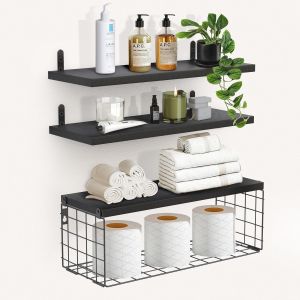 &Eacute;tag&egrave;res Murales, Etag&egrave;res Flottantes En Bois Tablette Murale Avec Grille M&eacute;tallique Noir Pour Salon Chambre Bureau Salle De Bains Et Cuisine, 40cm - Neuf
