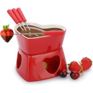 Subzonal-Kit De Fondue &Agrave; Chocolat En C&eacute;ramique En Forme De C?ur, Pot &Agrave; Fondue Au Fromage En Porcelaine Avec 4 Fourchettes 320 Ml, Mini Br&ucirc;leur R&eacute;sistant &Agrave; La Chaleur, Pour Bonbons, Beurre, Fromage - Neuf