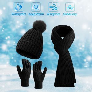 3 Pièces/Ensemble Ensemble De Gants D'écharpe De Chapeau D'hiver Unisexe Tricoté Épais Chaud Extensible Haute Sensibilité Écran Tactile En Peluche Boule Décor Cyclisme Extérieur Doublé Polaire Ensemble De Bonnet De Protection Complète-Noir - Neuf