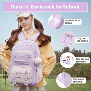Cartable Fille Primaire, 20 Litres Sac A Dos College Fille Cartable Kawaii Avec Pendentif, Léger Sac Ecole Primaire Pour Enfants De 7 À 14 Ans - Neuf