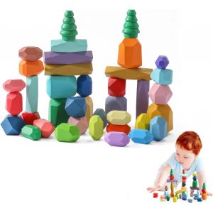 Promise Babe Jouets en Bois Montessori pour Enfants,38 PCS For&ecirc;t Arbres Pierres empiler Pierres d'&eacute;quilibre Pierres de Construction,Jouets en Bois &agrave; empiler Trier Empiler Pierre d'&eacute;quilibre D&eacute;co 3+ - Neuf