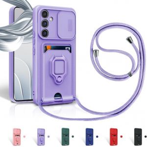 Kal-Cordon De Coque Pour Samsung Galaxy S24 Plus,Couvercle Coulissant De La Caméra+Support Annulaire À 360 Degrés,Fentes Pour Cartes Lanyard Silicone Case -Pourpre - Neuf