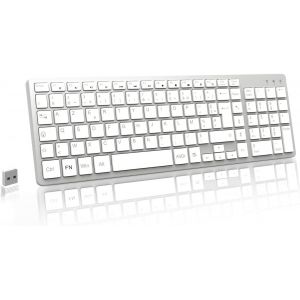 Clavier Sans Fil Silencieux Azerty Français Récepteur Usb 2.4Ghz, 12 Raccourcis Multimédias, Pavé Numérique, Wireless Keyboard Pour Pc, Ordinateur Portable, Mac - Argent - Neuf