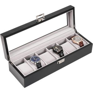 Kal-Boite À Montre En Bois Antichoc, Coffret Montre Homme Avec 6 Emplacements Coussins Montre, Rangement Montre Avec Couvercle En Verre, Pour Passionné D`Horlogerie -Noir - Neuf