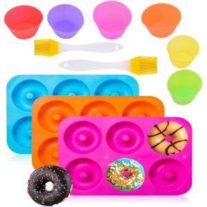 KAL-Lot De 11 3 Moules Donut 2 Pinceaux En Silicone 6 Tasses À Muffins Réutilisées, Moules Beignets En Silicone Avec Brosse Pour La Cuisson Des Beignets, Muffins, Bagels - Neuf