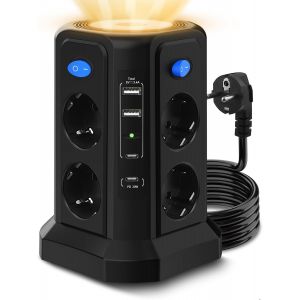 12 en 1 Tour Multiprise Electrique 3M avec Veilleuse et 1 USB C PD20W Charge Rapide, 4000W/16A, 8 Prises et 4 USB Ports, 4 Interrupteur indépendant, Parafoudre et Surtension pour Maison, Bureau - Neuf