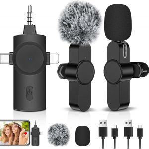 Micro Cravate sans Fil, pour iPhone/iOS/Android/PC/Laptop, 3 in 1 Mini Micro-Cravate avec Suppression Intelligente du Bruit, avec Prise USB-C/3,5 mm/USB (Noir-1) - Neuf