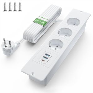 CHENG-Prise Encastrable de Table USB C PD 20W, Multiprise Encastrable 3 Prises, Prise de Table, Multiprise pour Meuble ou Plan de Travail, C&acirc;ble 1,8m, Blanc - Neuf