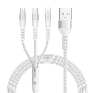 Thef-3 En 1 Multi Usb Câble En Nylon Tressé Avec Micro Usb Type C Lightning Connecteurs Pour Iphone, Samsung Galaxy S22 S21, Huawei P30, Honor, Oneplus, Wiko, Kindle 1.2m - Neuf