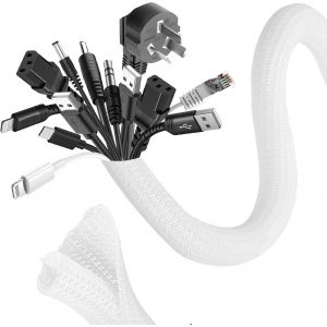 6m Manchon de Cache Câble, 25-32mm Réglable Gaine Câble Tressée, Extensible Gaine Range Cable Informatique, Protection du Cache Câbles pour Automobiles/TV/PC/USB/Audio/Vidéo- Blanc - Neuf