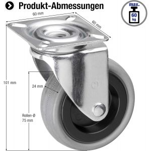 Roulette pivotante &Oslash; 75 mm - Plaque 60 x 60 mm - Roue en caoutchouc - Surface de roulement souple - Roulement coulissant - Capacit&eacute; de charge 60 kg/Roulette de transport/Roulette - Neuf