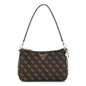 GUESS Sac &agrave; &eacute;paule brun clair noir pour femme - Eco Erica Top Zip Shoulder Bag Coal Logo 295251 - Neuf